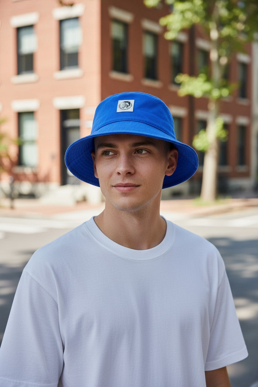 DIESEL D-Indig vyriška kepurė OS Blue Bucket All Seasons Casual Patch RRP100 