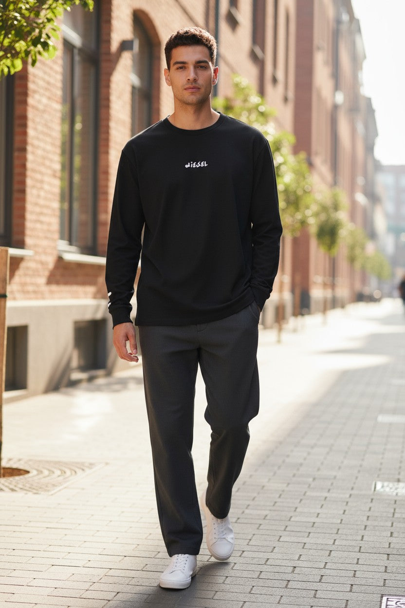 DIESEL T-Just-LS-Slits-B53 Men T-Shirt 2XL Black Pullover Crew Neck Cotton