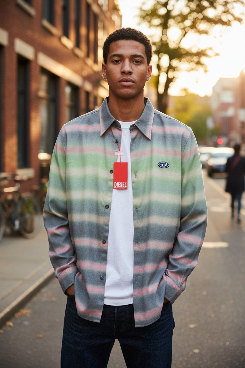 DIESEL vyriški marškinėliai S-Tucker dryžiais, XL dydžio, RRP150, raštuoti, sagomis užsegami, platėjančios apykaklės. 