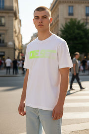 DIESEL T-Just-E19 vyriški marškinėliai su trumpomis rankovėmis, L dydžio, apvalia apykakle, priekyje, balti.