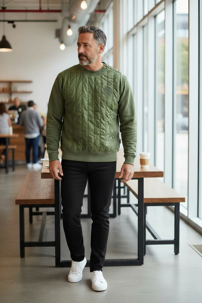 DIESEL S-Holty vyriškas džemperis, L dydžio, žalias, megztinis su paminkštinimu, dygsniuota apvalia kaklo linija, RRP225