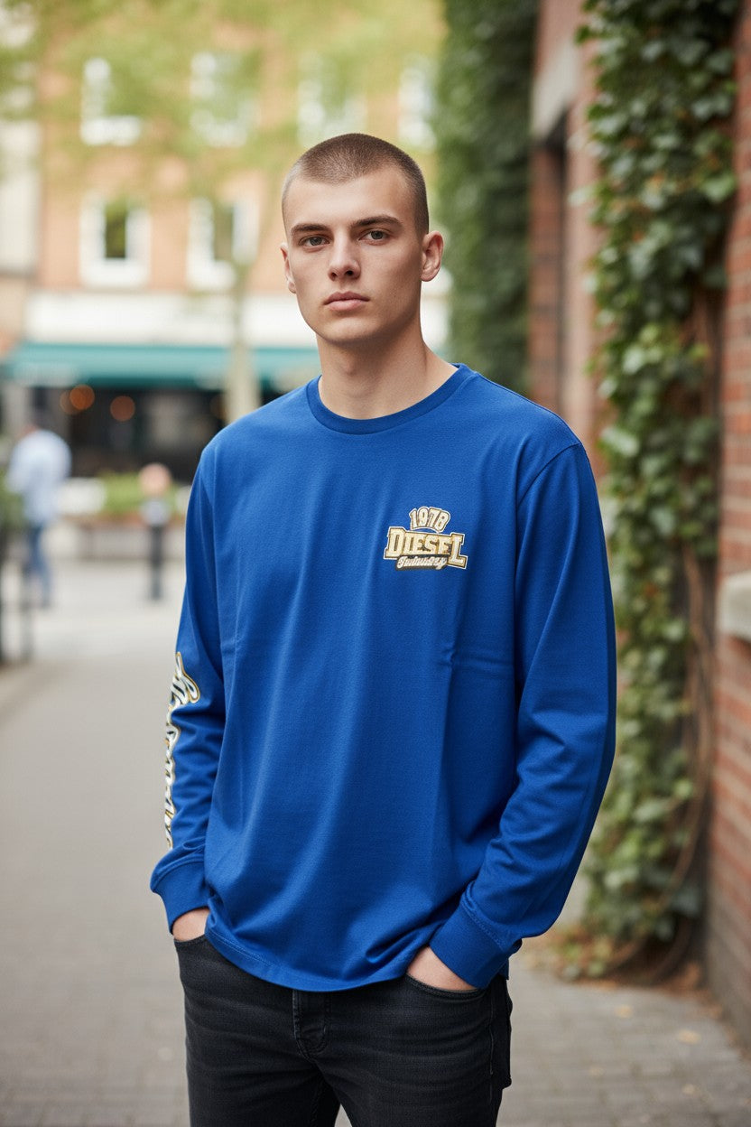 DIESEL T-Diegos-LS-K27 vyriški marškinėliai L dydžio, mėlyni, megztiniai su apvalia kaklu ir logotipu, medvilniniai