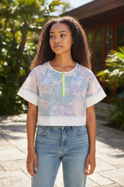 SWEATY BETTY Tournament moteriški marškinėliai su S dydžio baltais gėlėtais raštais ir trumpais teniso marškinėliais 