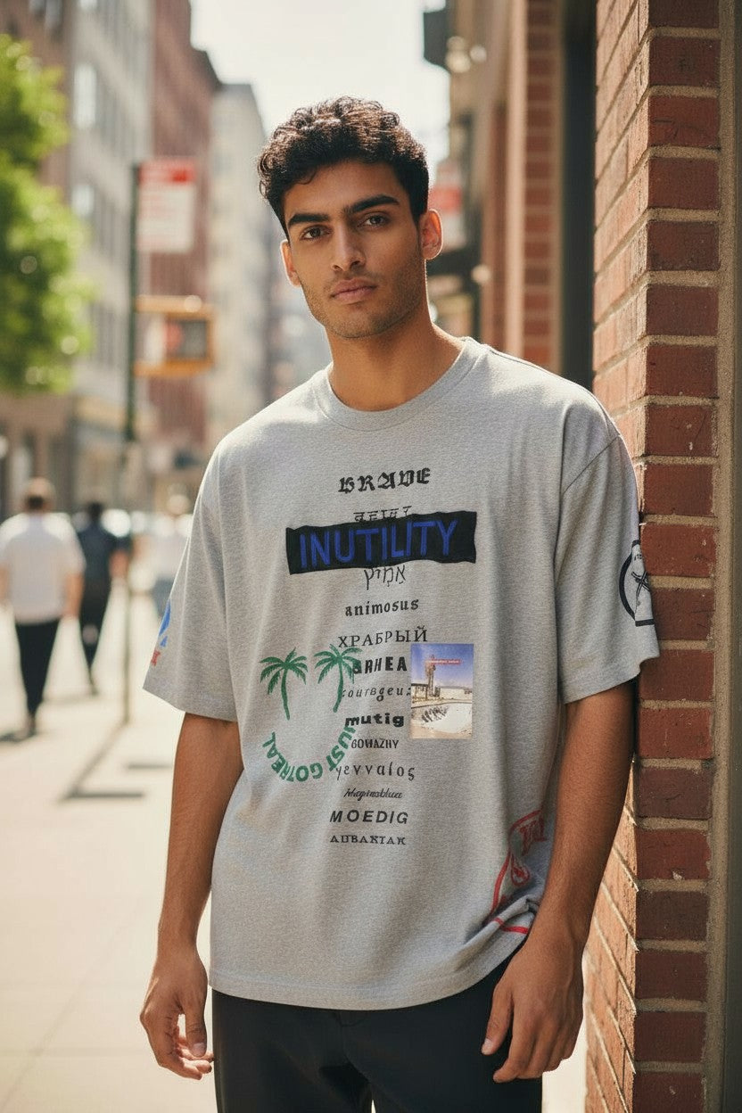 DIESEL T-Balm-B2 vyriški marškinėliai S dydžio pilki melanžo spalvos, dideli raštuoti, rekomenduojama kaina – 125 € 