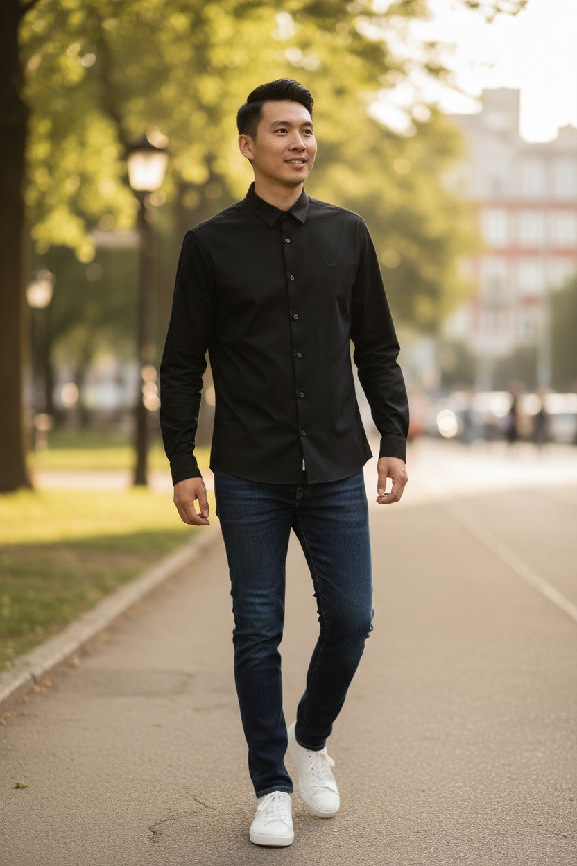 CALVIN KLEIN Poplin Stretch Slim vyriški formalūs marškinėliai 42 16 1/2 XL juodi su sagomis 