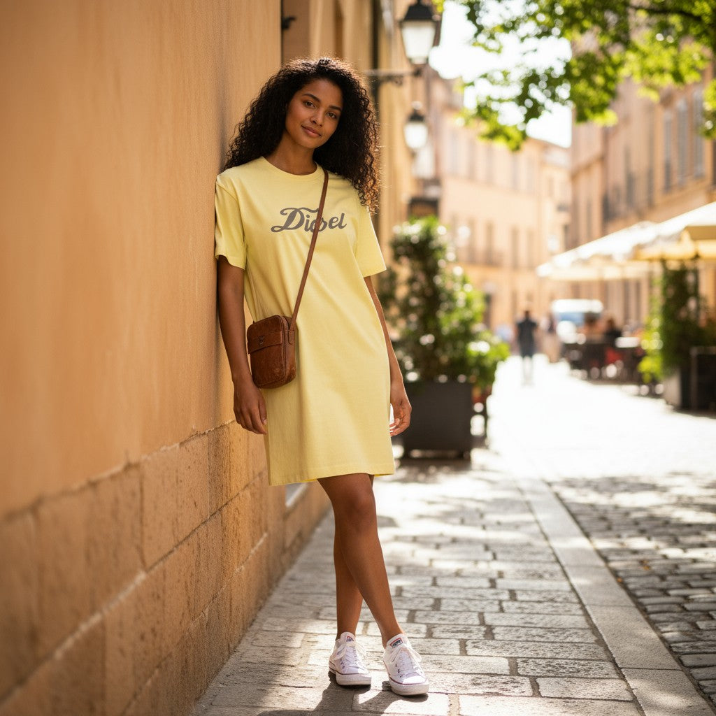 DIESEL D-Egor-New-Ita moteriška suknelė L geltona trumpomis rankovėmis trikotažo laisvalaikio logotipu