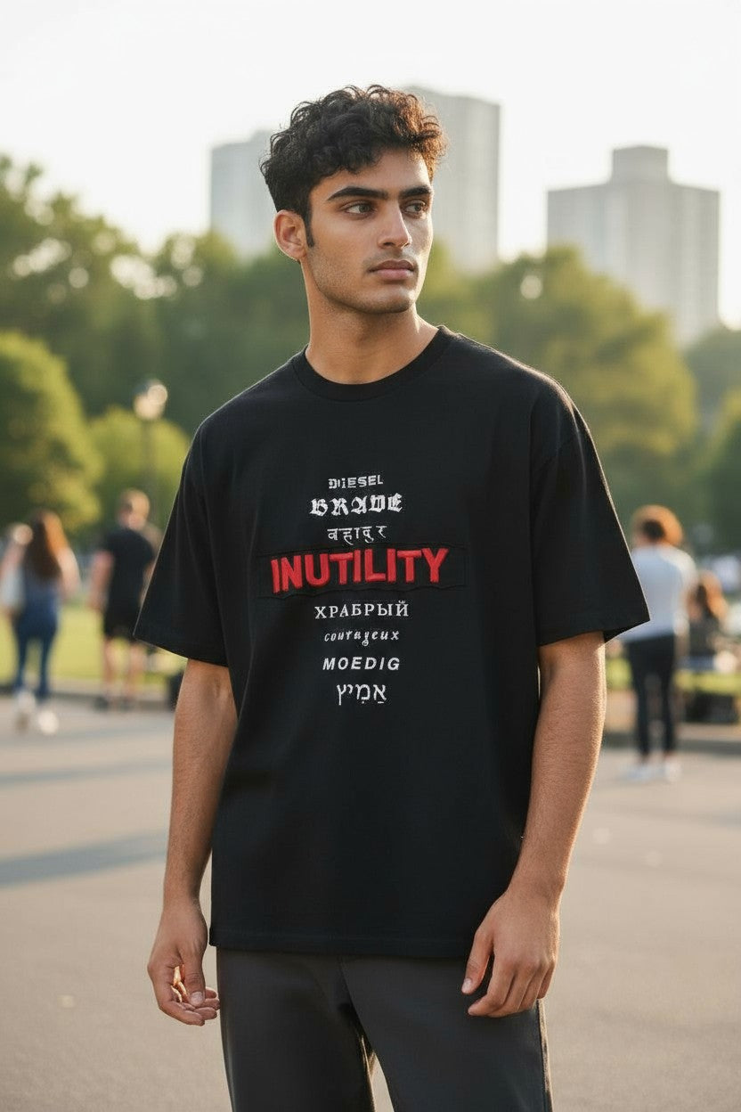 DIESEL T-Diegos-B6 Men T-Shirt S Black Tricot Stretchy Crew Neck Short Sleeved