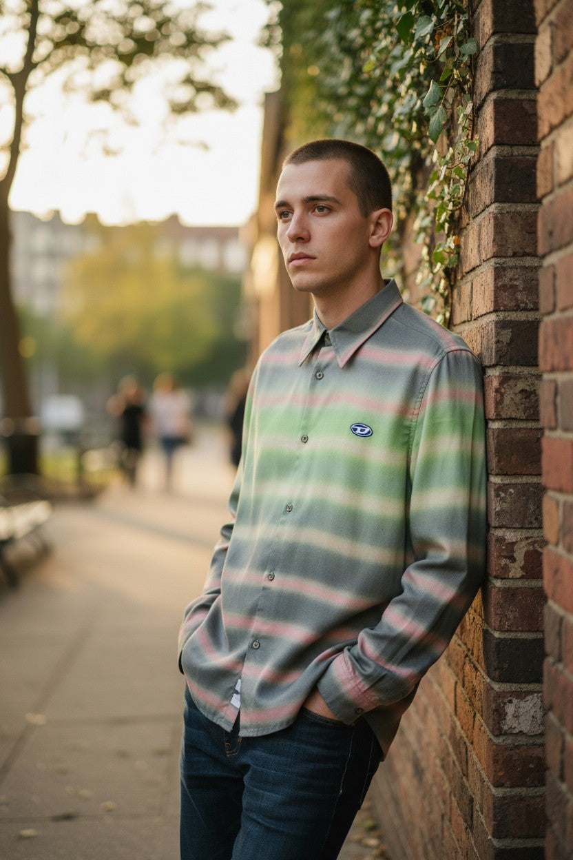 DIESEL vyriški marškinėliai S-Tucker dryžiais, L, rekomenduojama kaina 150 €, raštuotas, sagomis užsegamas, išskleidžiamas logotipas, šviesus