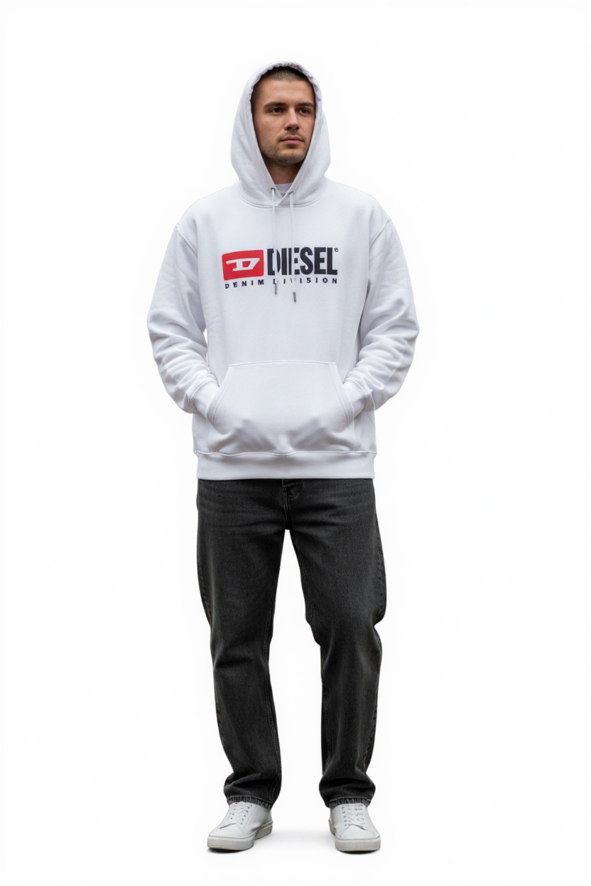 DIESEL S-Division vyriškas džemperis su gobtuvu, XL dydžio, baltas, megztinis su dideliu priekiu, rekomenduojama kaina – 140 €. 