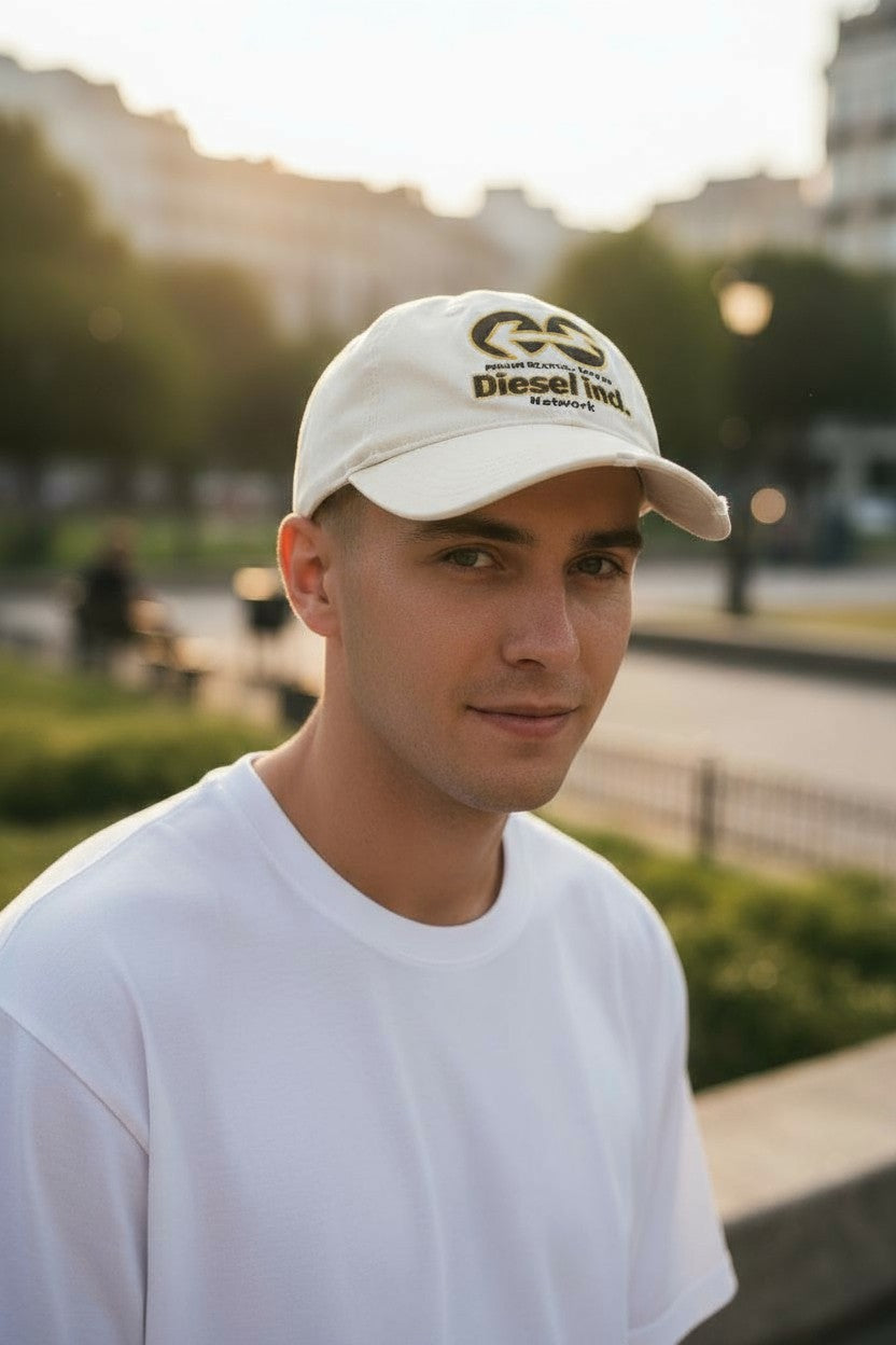 DIESEL C-Syom vyriška kepurė OS balta beisbolo stiliaus su siuvinėtu logotipu, medvilninė laisvalaikio stiliaus unisex 