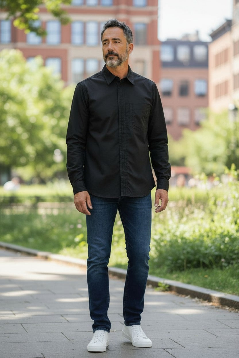 DIESEL S-Olsen vyriški marškinėliai, juodi, L dydžio, su paslėptomis sagomis, kišenėmis ir išplatinta kaklo dalimi.