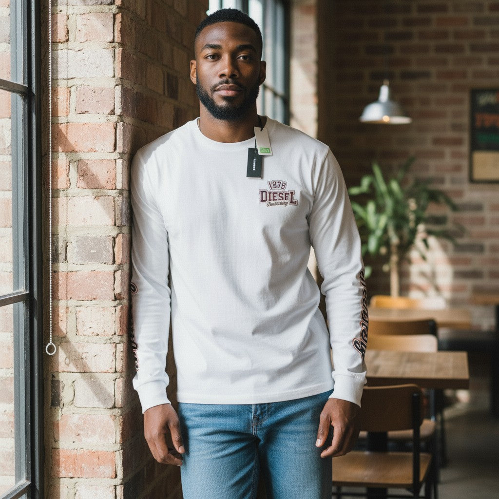 DIESEL T-Diegos-LS-K27 Men T-Shirt 2XL White Cotton Long Sleeved Crew Neck