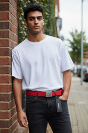 DIESEL B-Metaltape vyriškas diržas, 95 cm, vidutinės raudonos spalvos tekstilinis, sidabro spalvos, su plokštele ir sagtimi, logotipu. 