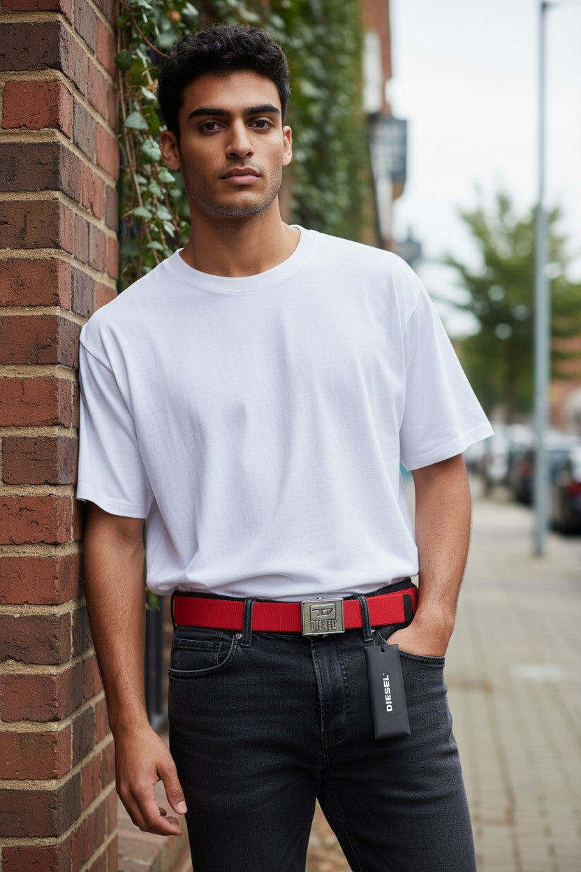 DIESEL B-Metaltape vyriškas diržas, 95 cm, vidutinės raudonos spalvos tekstilinis, sidabro spalvos, su plokštele ir sagtimi, logotipu. 