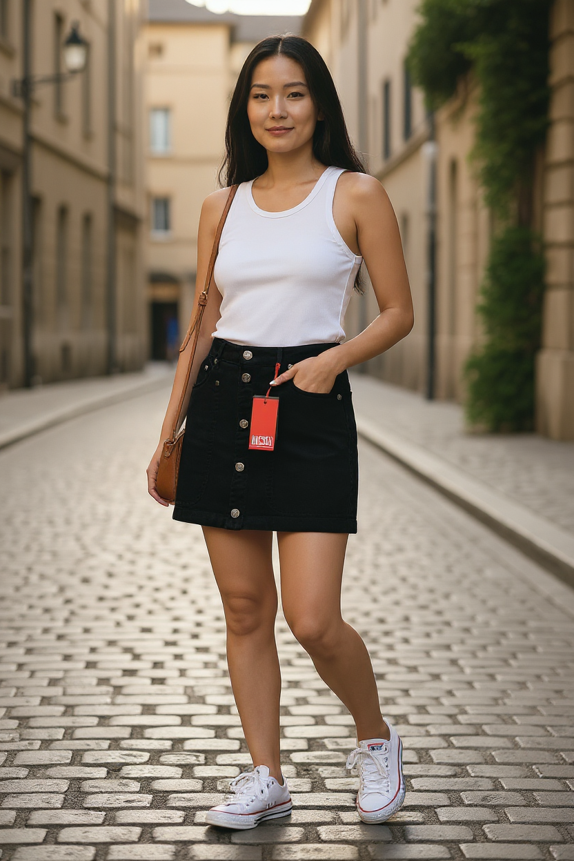 DIESEL O-Beige moteriškas sijonas W29 juodas dryžuotas sijonas su sagomis, laisvalaikio mini sijonas, RRP150