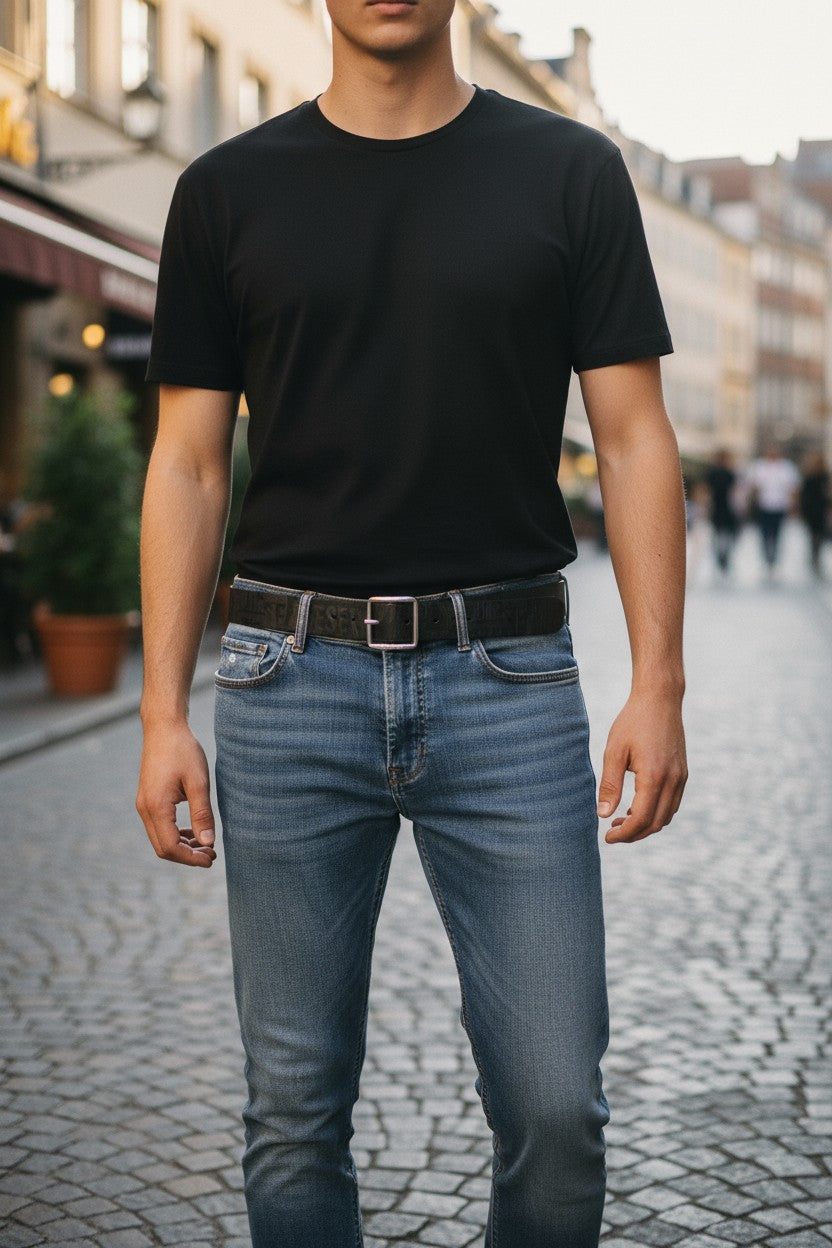 DIESEL B-Billover vyriškas diržas 105 cm rudos odos raštuota sidabro atspalvio sagtimi tamsi 